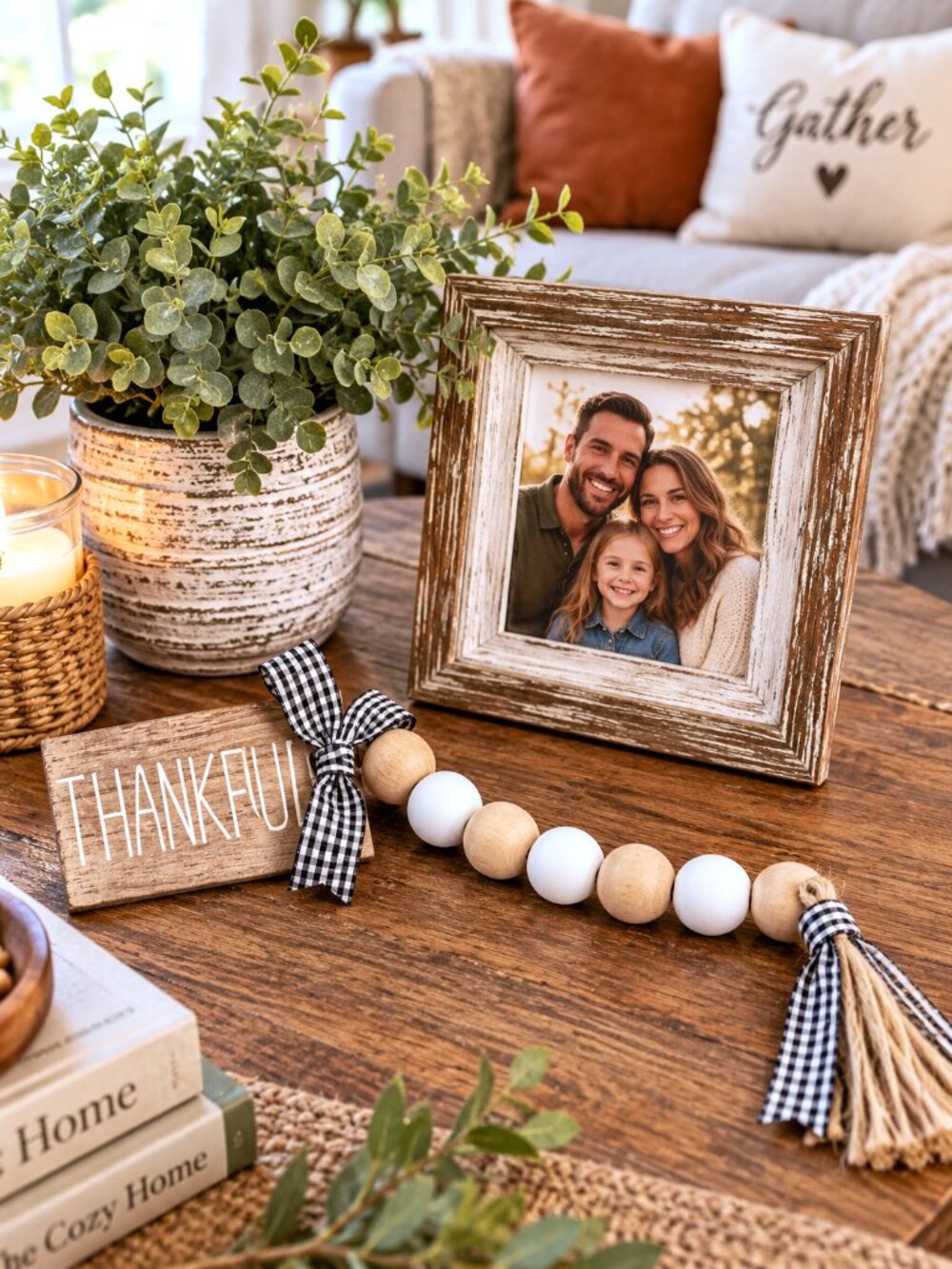 Thankful Wood Bead Garland Gingham Farmhouse Rustic Fall Thanksgiving Home Décor - Picture 2 of 3